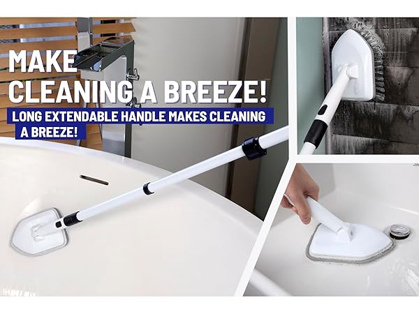 Moku Home's long-handled scrubber effortlessly cleaning a bathtub sinks tubs tiles and more