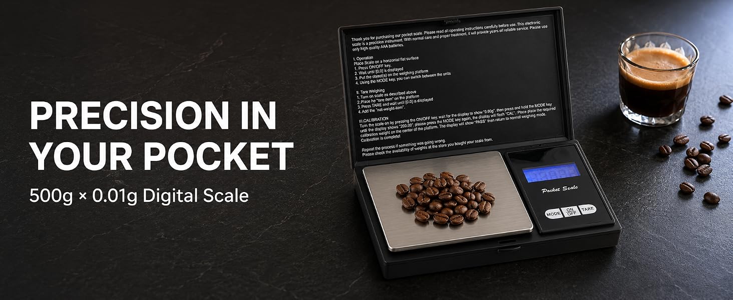 Pocket digital scale weighing coffee beans beside a cup of espresso.