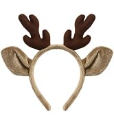 Tedercle Reindeer Ears Headband with Antlers, Plush Deer Ears Hair Hoop Christmas Halloween Holid...