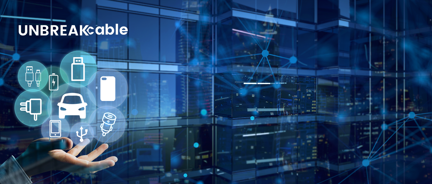 Abstract digital illustration depicting cybersecurity concept. Holographic icons of devices, car, and shield float above hands, with 'UNBREAKable' text and futuristic background.