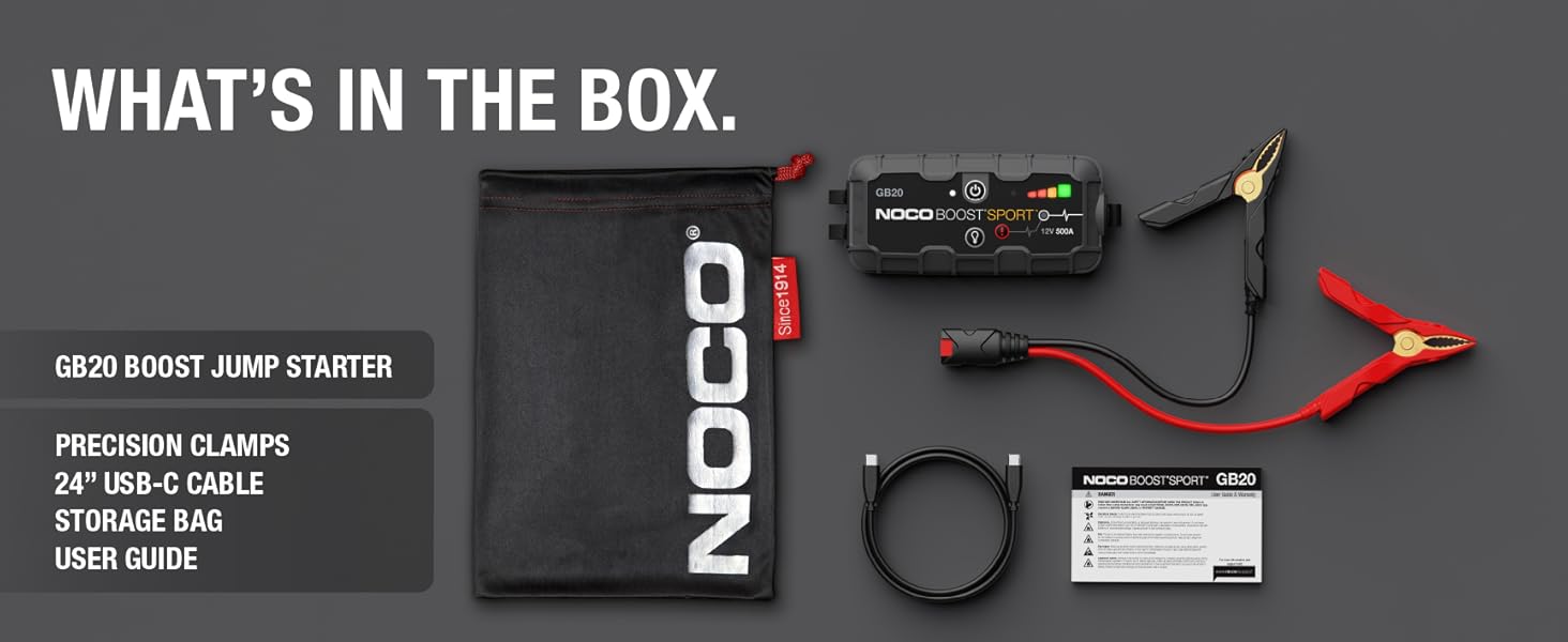 Whats in the box. GB20 jump starter, jumper cable clamps, USB cable and microfiber bag.