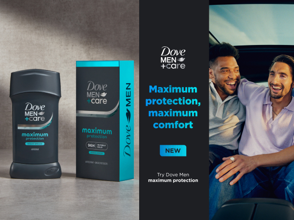 Deo stick &amp;amp; box next to a dark column with text &amp;amp; then a picture of 2 men celebrating &amp;amp; hugging.