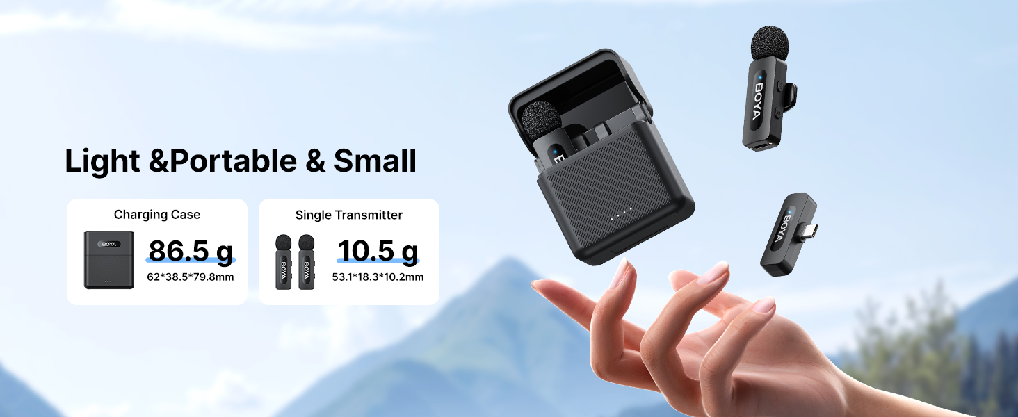Compact portable charging device shown floating with dimensions of 86.5g and 10.5g displayed. Multiple angles of the black charger visible.
