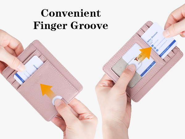 Slim card wallet with finger groove for easy card access, demonstrated in use with hands pulling out a card.