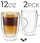 DLux Coffee Mugs, 12oz Latte Clear Glass Set of 2 Cups with Handles, Double Wall Insulated Borosi...