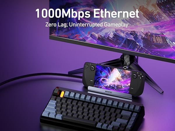 Text reads '1000Mbps Ethernet' and 'Zero Lag Uninterrupted Gameplay'. Gaming setup showing mechanical keyboard, handheld device, and monitor against purple background with mountain graphics.