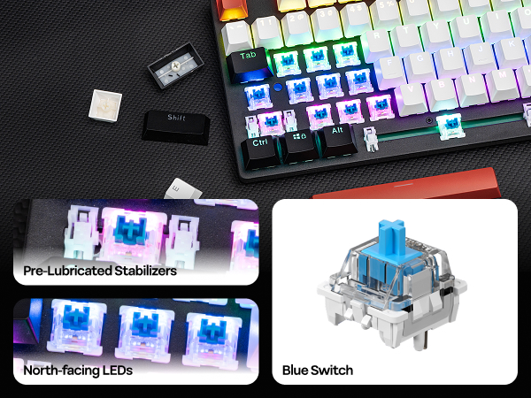 Text reads 'Image 5', 'Pre-Lubricated Stabilizers', 'North-facing LEDs', 'Blue Switch'. Mechanical keyboard components showing RGB lighting and technical parts.