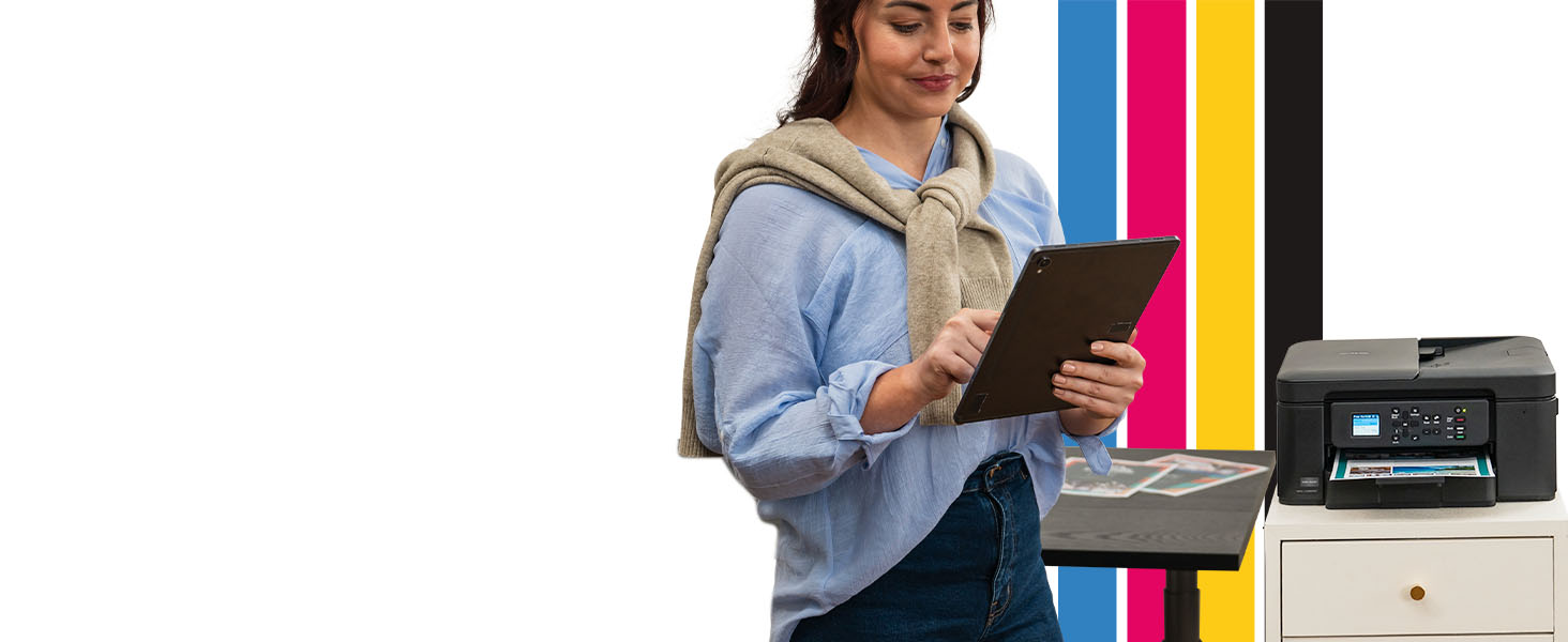 Woman sending documents to Brother MFCJ1360DW inkjet wireless printer from mobile tablet