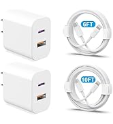 Phone Charger 2 Pack 20W Dual Port QC + PD 3.0 Power Adapter Fast Wall Charger Block with 6FT&amp;10F...
