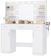 DUMOS Vanity Desk Makeup with Mirror LED Lights, White Table with Power Outlet 3 Drawer, 4 Storag...