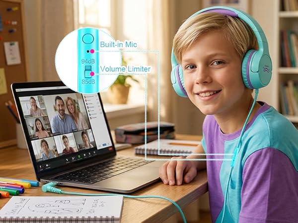 Kids wired headphones with volume limiter (85dB-94dB) and built-in micphone