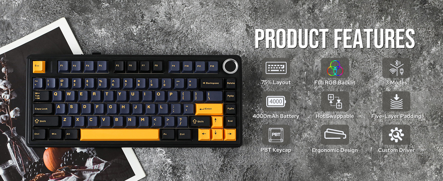 Compact mechanical keyboard with black keycaps and yellow accent keys, shown with product features interface displaying connectivity and functionality icons.