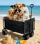 600LBS Beach Wagons Carts Foldable for Sand, Heavy Duty Collapsible Wagon with Brakes &amp; All-Terra...