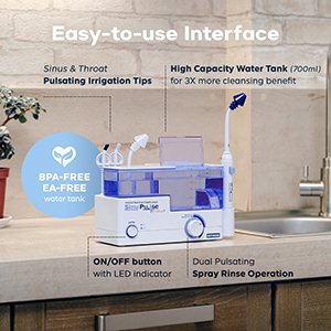 SinuPulse Elite Advanced Nasal Irrigation System on a white bathroom countertop ready to use