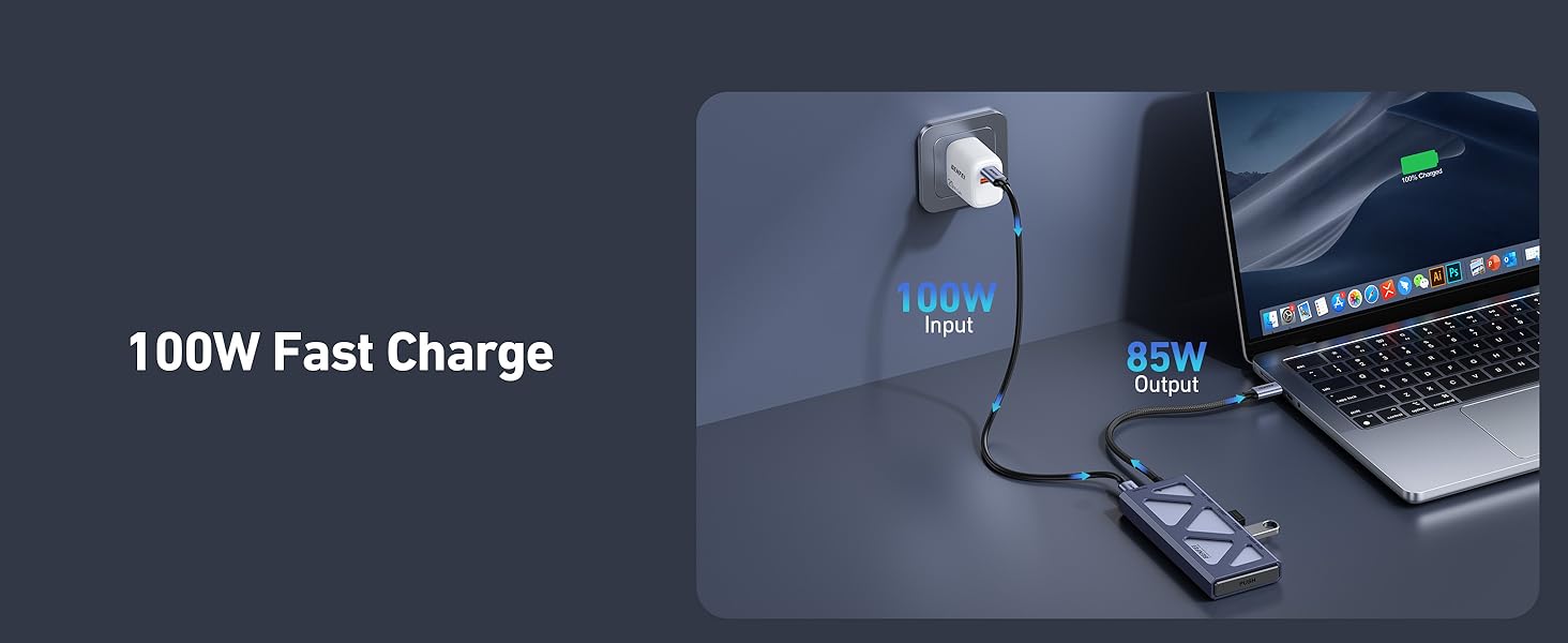 Text reads '100W Fast Charge'. Image shows electronic device charging setup connected to laptop and other devices.