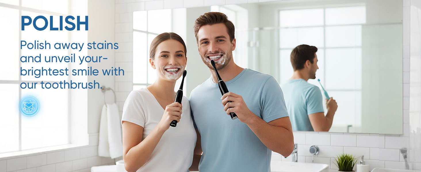 Text reads 'POLISH'. Advertisement shows bathroom setting with electric toothbrushes and reflections in mirror.