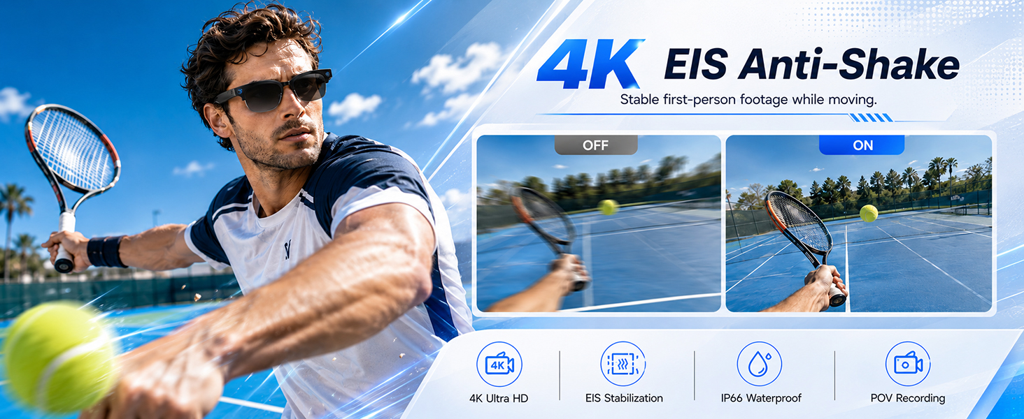 4K EIS camera glasses for stable POV recording, sports videos, outdoor use and IP66 waterproofing.