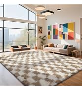 Checkered Rug for Living Room, 8x10 Beige and White Area Rugs, Classic Checkered Carpets Shaggy A...