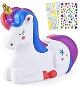 Piggy Bank Girls: Unicorn Piggy Banks - Unbreakable Plastic Coin Money Bank with Alphabet Sticker...