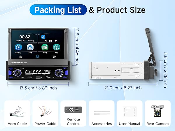 Single Din Car Stereo Screen Flip Out Wireless CarPlay Android Auto