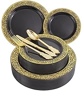 COLOSUS 150pcs Black Plastic Lace Plate with Gold Printed, Disposable Party Plate Dinnerware Set ...