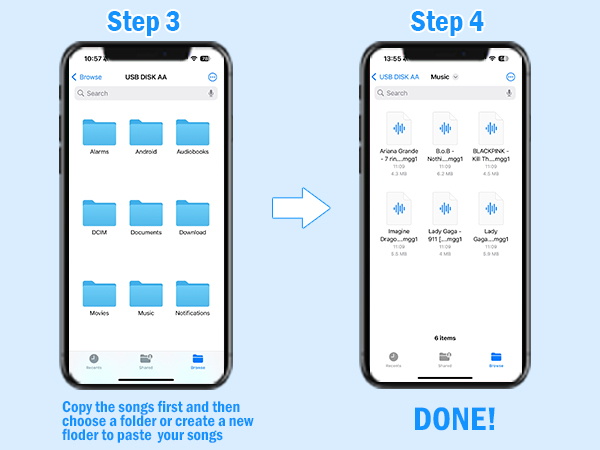 The OTG cable transfers songs from the phone to the mini music player