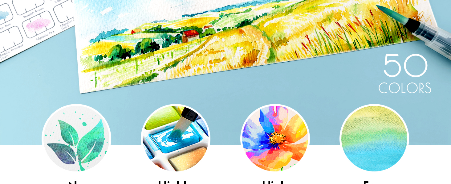 50 colors watercolor paint set travel portable metal box metallic fluorescent paint brush