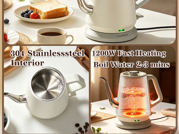 Chart showing white electric kettle boiling speed and vertical flow control versus standard pots