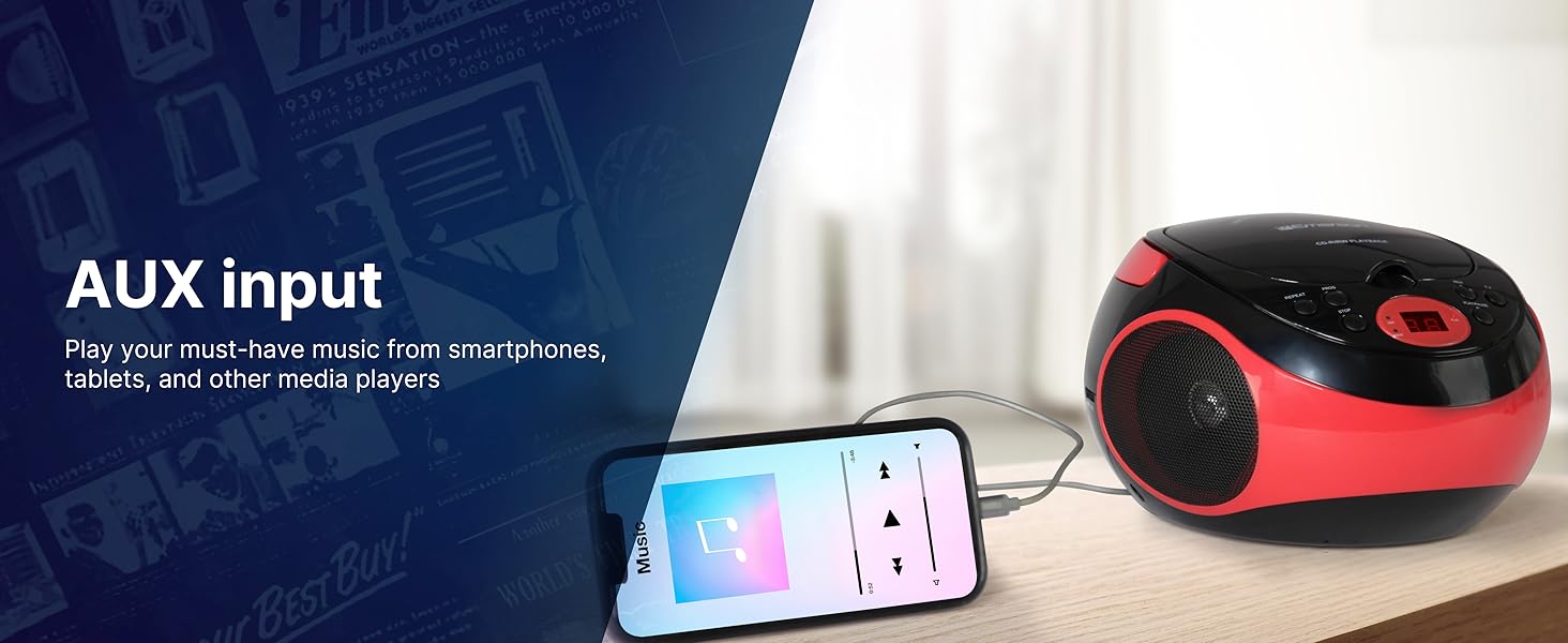 Portable CD Player with AM FM Radio Tuner, AUX Input, by Emerson for Music Listening, Sound, Speaker