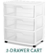 Sterilite Wide 3 Drawer Storage Cart, Plastic Rolling Cart with Wheels to Organize Clothes in Bed...
