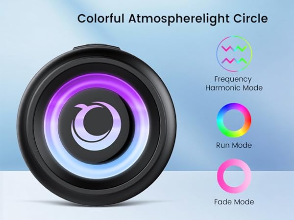 Text reads 'Colorful Atmospherelight Circle', 'Frequency Harmonic Mode', 'Fade Mode'. Black circular light device with purple and blue LED illumination. Interface controls and mode indicators displayed on right side.