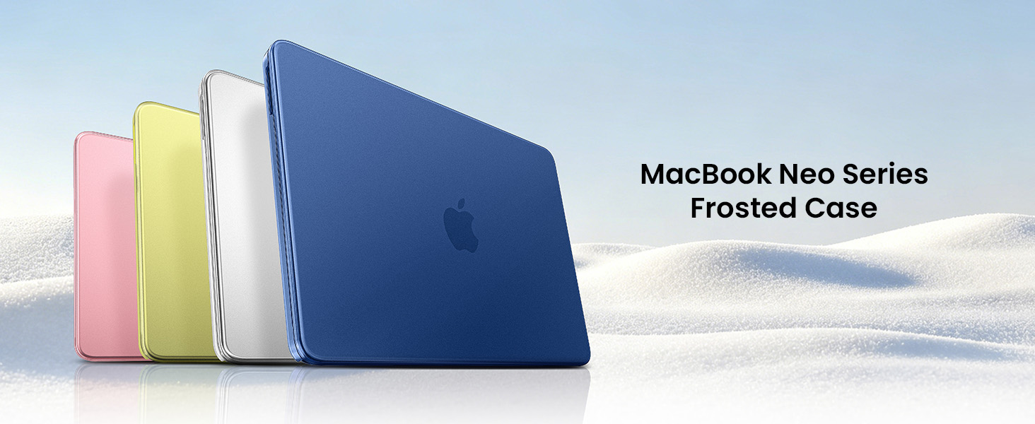 Text reads 'MacBook Neo Series Frosted Case'. Five colorful MacBook cases displayed: pink, beige, yellow, blue, and gray arranged in a row on light blue background.