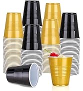 100 Pack Black &amp; Gold Plastic Cups - 12 Ounce Disposable Plastic Cups for Christmas Parties Picni...