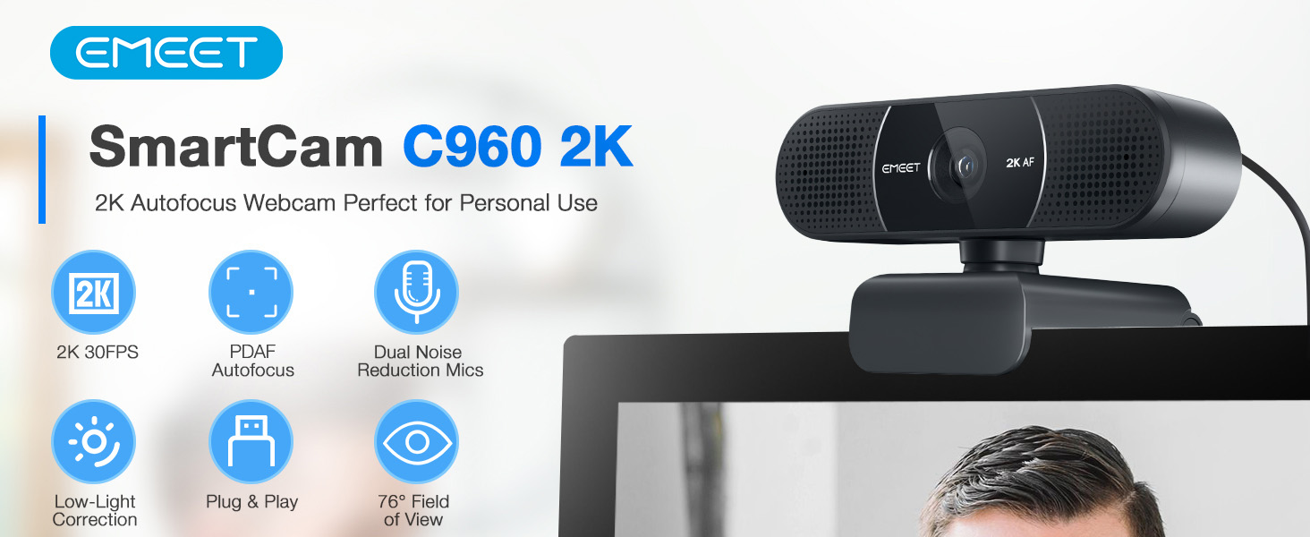EMEET C960 2K Webcam with Microphone