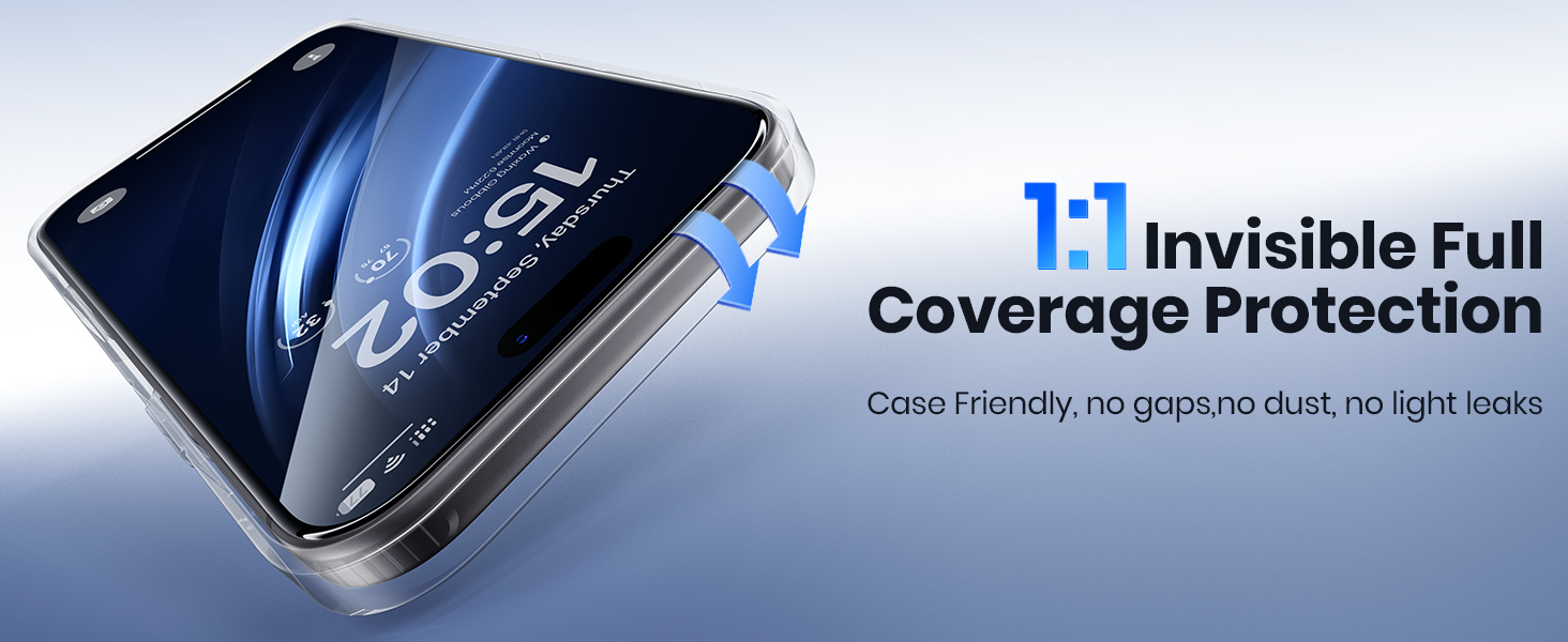 1:1 invisible full coverage protection, case friendly with no gaps, dust or light leaks on screen.