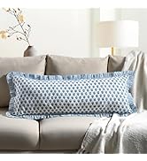 CPC Apatite Blue 100% Cotton Block Print Ruffle Sham Cover 14x36 inch, Handmade Boho Floral Pillo...