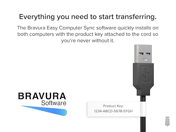 USB transfer cable with Bravura Software, quickly installs on both PCs using the product key