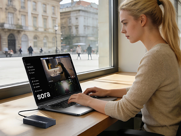 Text visible: 'sora'. Multiple views of someone working on a laptop in a bright interior space near large windows.