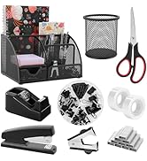 SKYDUE Black Office Supplies, Mesh Desk Organizer, Stapler, Tape Dispenser, Scissors, Binder/Pape...