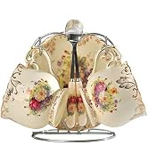 YOLIFE Tea Cups and Saucers Set of 2, Vintage Floral Porcelain Tea Cups with Holder- 8 oz
