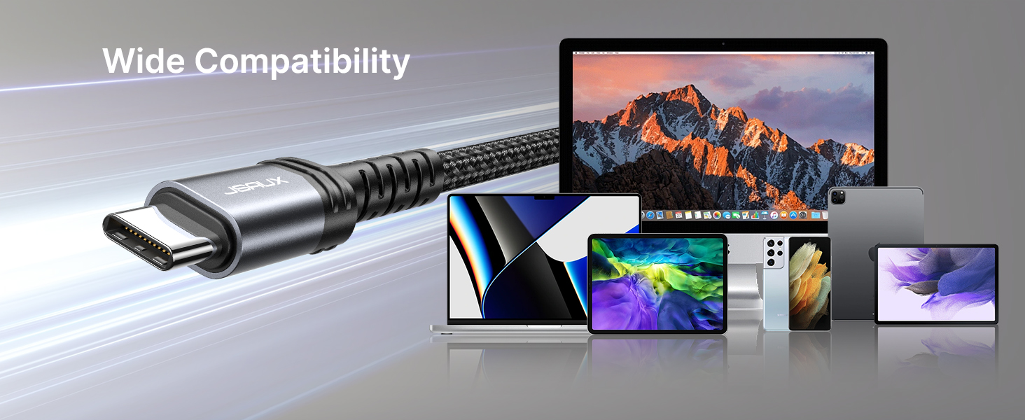USB-C cable with braided cord connecting to various electronic devices, demonstrating wide compatibility with laptops, tablets, and smartphones.