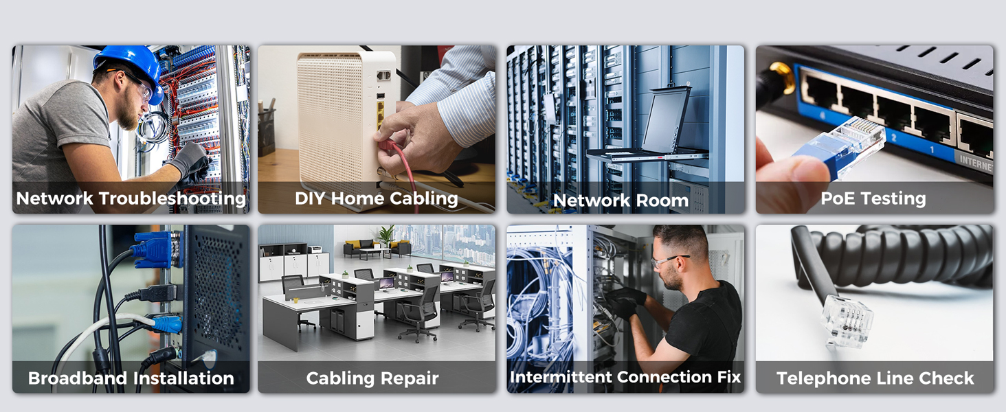 Text reads: 'Network Troubleshooting, DIY Heat Cabling, Cable Testing, Equipment Installation, Network Infrastructure, Cabling Repair, Computer Installation Fix, Telephone Line Check' Grid of technical service images.