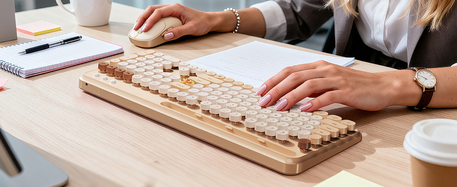 Stylish wireless keyboard mouse elevate a clean office desk, keeping work smooth and clutter-free.
