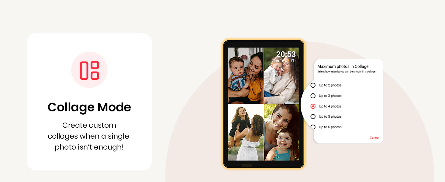 Digital picture frame with photo collage and category album management features