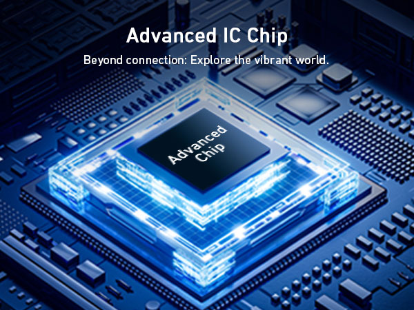 Text reads "Advanced IC Chip, Beyond connection: Experience intelligent world." Illuminated blue circuit chip design on dark computer motherboard background.