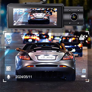 4K dashboard camera display showing nighttime traffic recording, with date stamp and high-resolution vehicle footage visible.