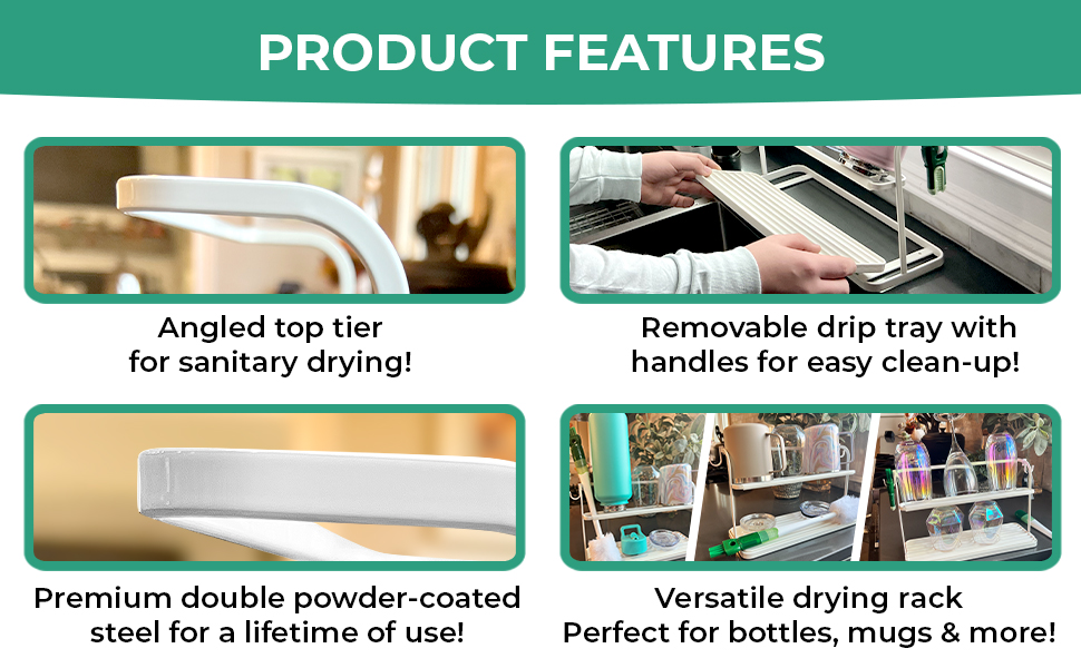 4 images: angled top tier, removable drip tray, double-coated powder steel, and versatile use.