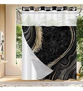 No Hook Shower Curtain with Snap in Liner, Black Marble Shower Curtain, Fabric Waterproof Inner L...