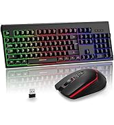 BlueFinger Wireless Gaming Keyboard and Mouse, Rechargeable Rainbow Backlit Wireless Keyboard and...