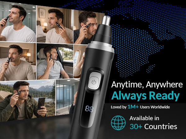 Text reads 'Anytime, Anywhere Always Ready' and 'Available in 50+ Countries'. Collage showing diverse group of people in various settings with black microphone device featured.